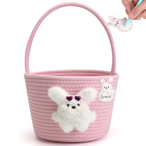 Pink Easter Basket for Kids, Reusable Woven Basket with Handle, Bunny Easter Gift Basket for Girls & Toddlers, Empty Basket for Egg Hunt (Punk Pink) | Amazon (US)