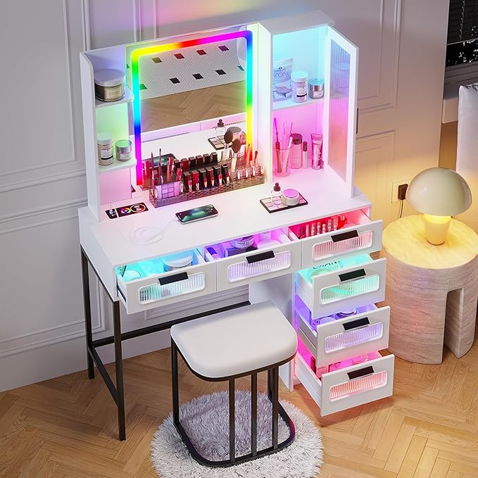 HNEBC White LED Vanity, Makeup Vanity with RGB Lights and 6 Drawers, Makeup Desk with USB/Wireles... | Amazon (US)