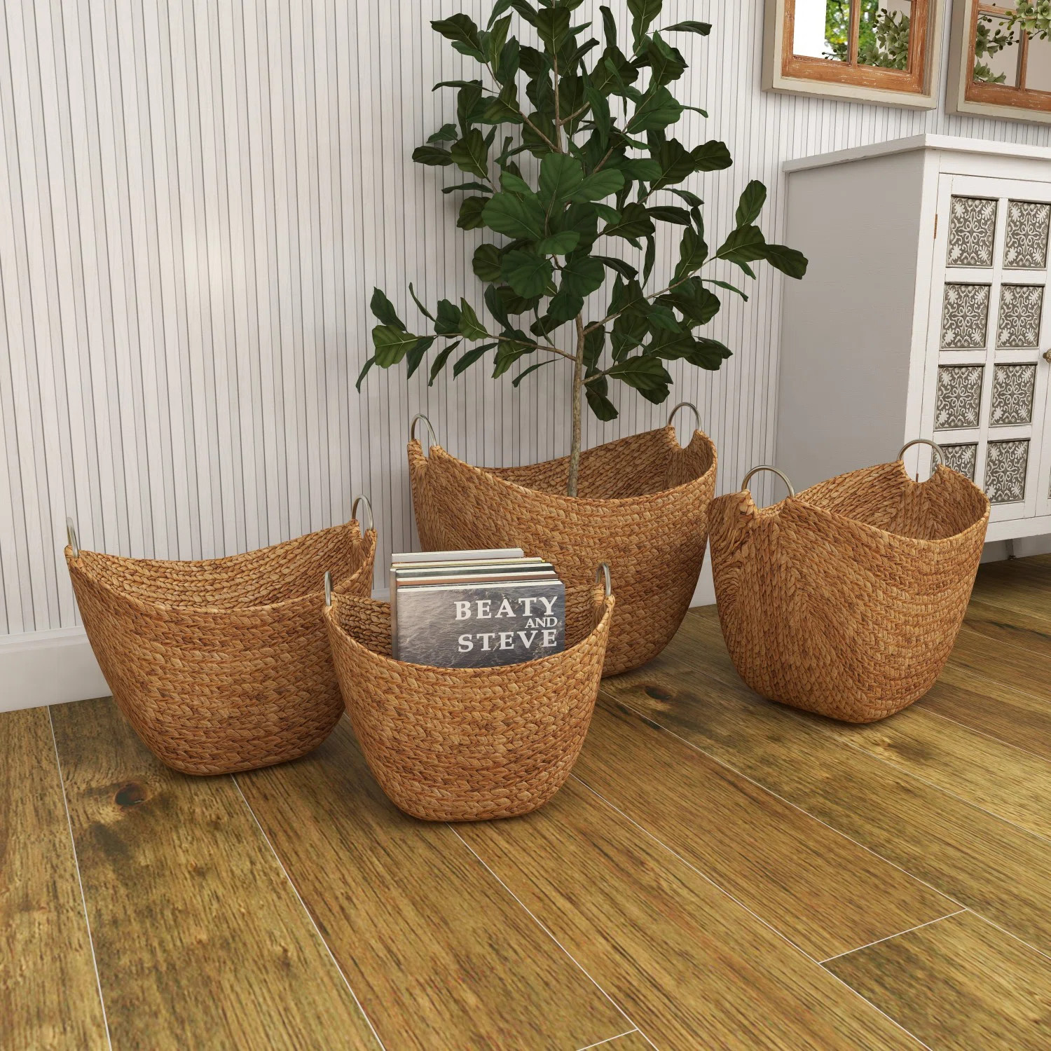 Highland Dunes 4 Piece Brown Seagrass Handmade Woven Storage Basket with Metal Handles Set & Revi... | Wayfair North America