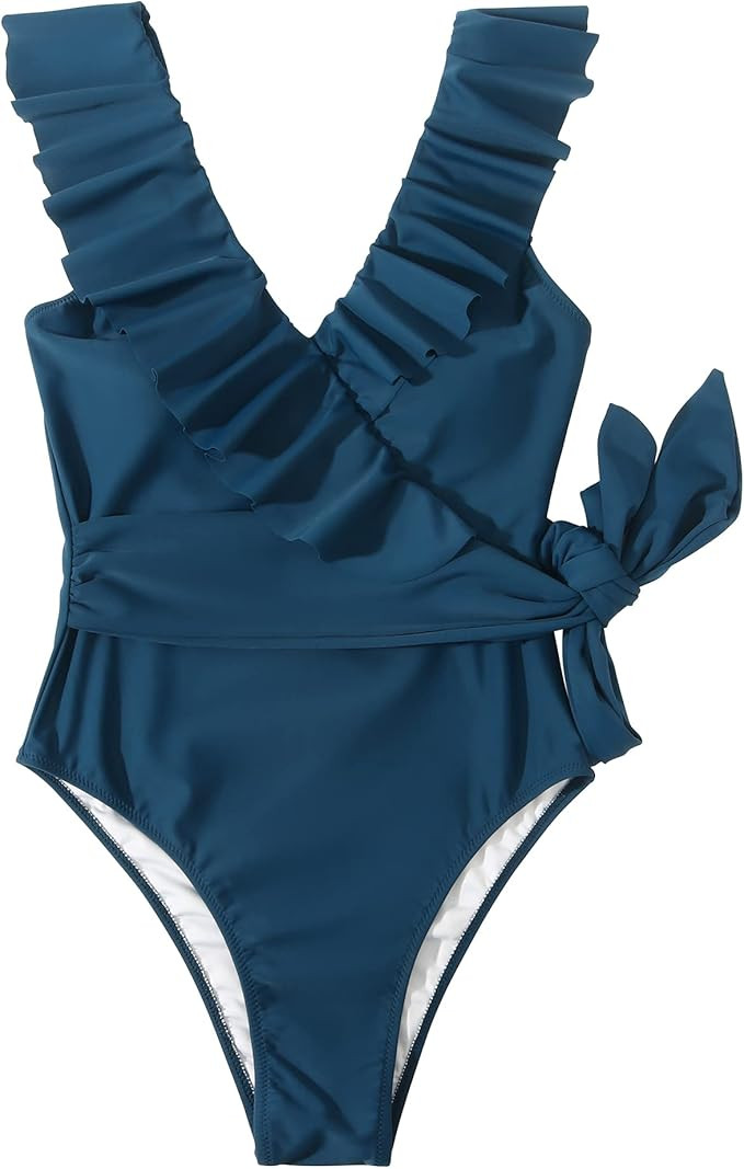 DOULAFASS Women One Piece Swimsuit V Neck Ruffle Tummy Control Monokini Bathing Suit | Amazon (US)