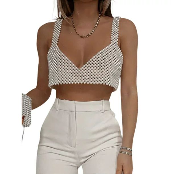 Elegant Lady Pearl Crop Top Fishnet Hollow Out Camisole Summer Beach Holiday Cover-ups Chic Women... | Walmart (US)