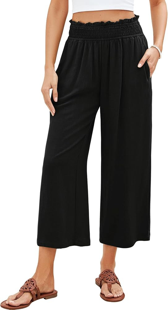 GRAPENT Capri Pants for Women High Waisted Wide Leg Linen Palazzo Trousers Pull On Elastic Smock ... | Amazon (US)