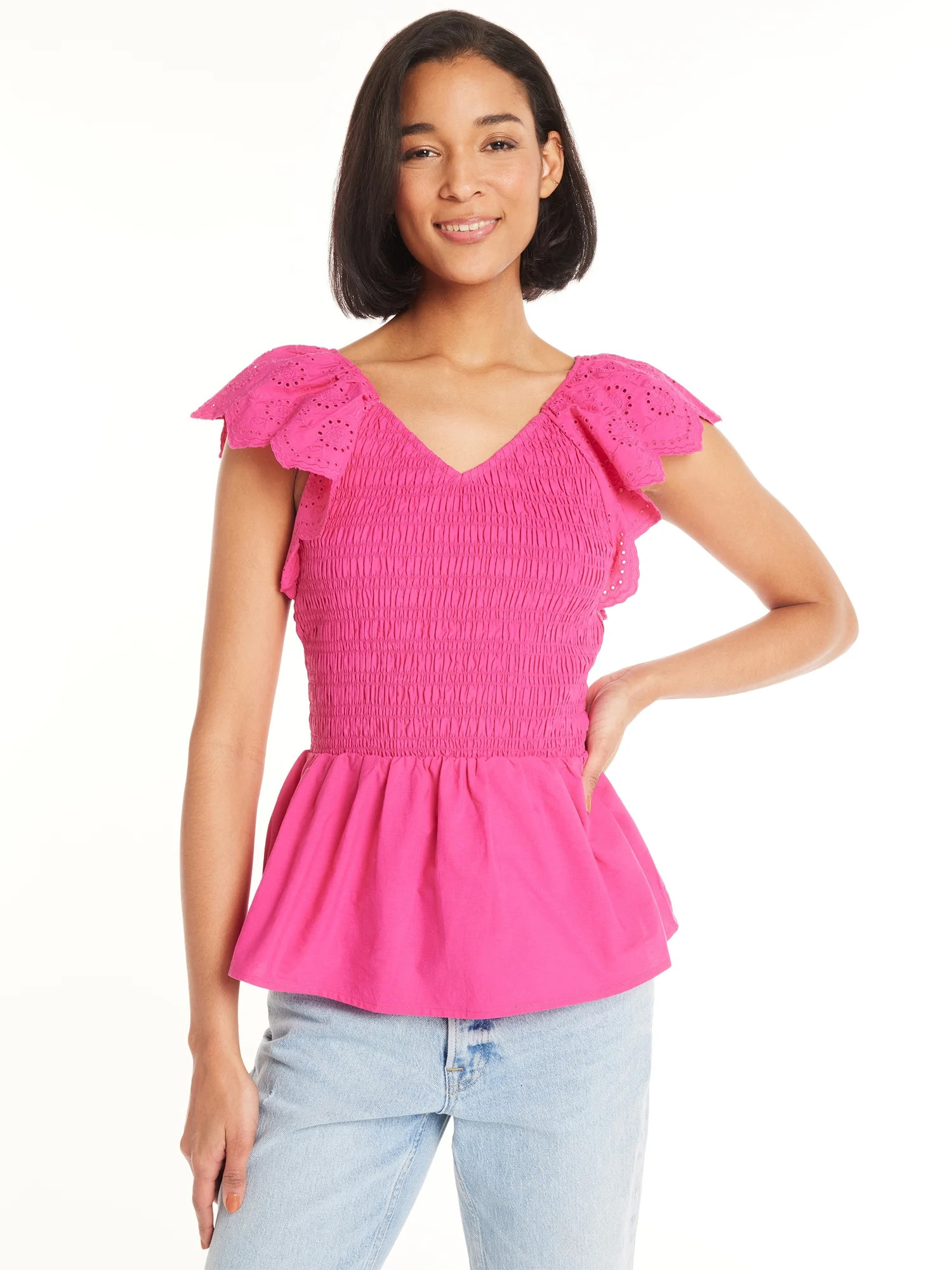 Time and Tru Women's Smocked Bodice V-Neck Eyelet Top, XS-3XL | Walmart (US)