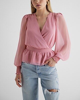 V-Neck Smocked Cuff Peplum Top | Express