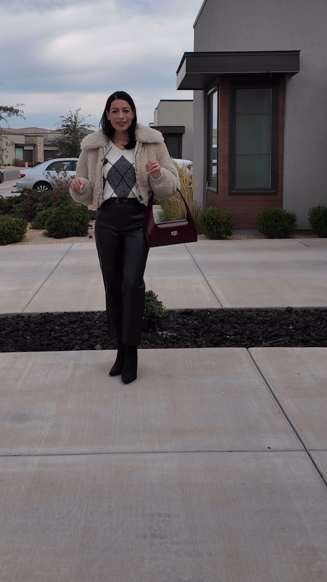 Khaite inspired argyle outfit- pair your preppy sweater with edgy leather trousers and a soft furry jacket 

#LTKSeasonal #LTKOver40 #LTKootd