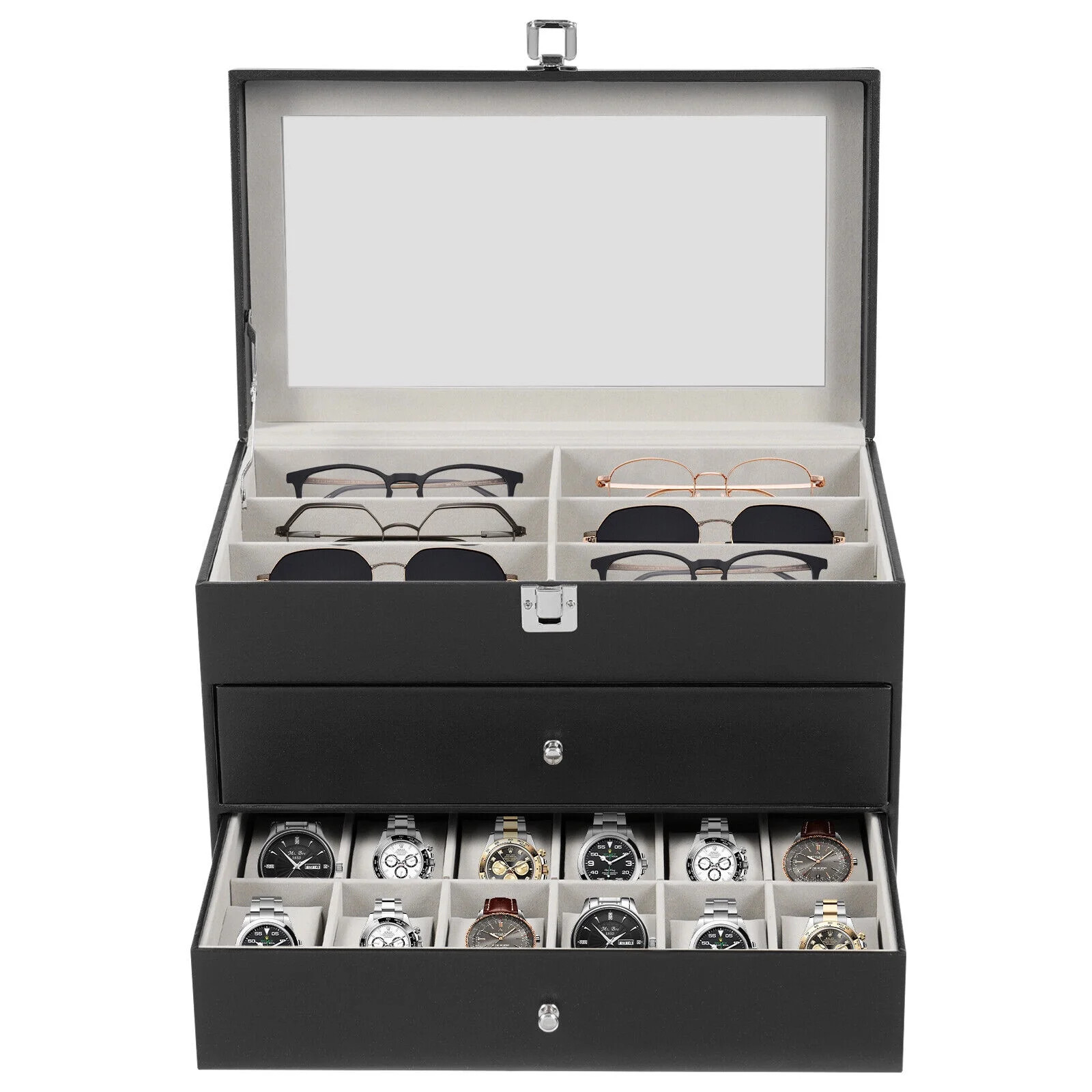 Miumaeov 3 Layers 24 Slots Watch Box Sunglasses Eyeglasses Display Box Jewelry Organizer Storage ... | Walmart (US)