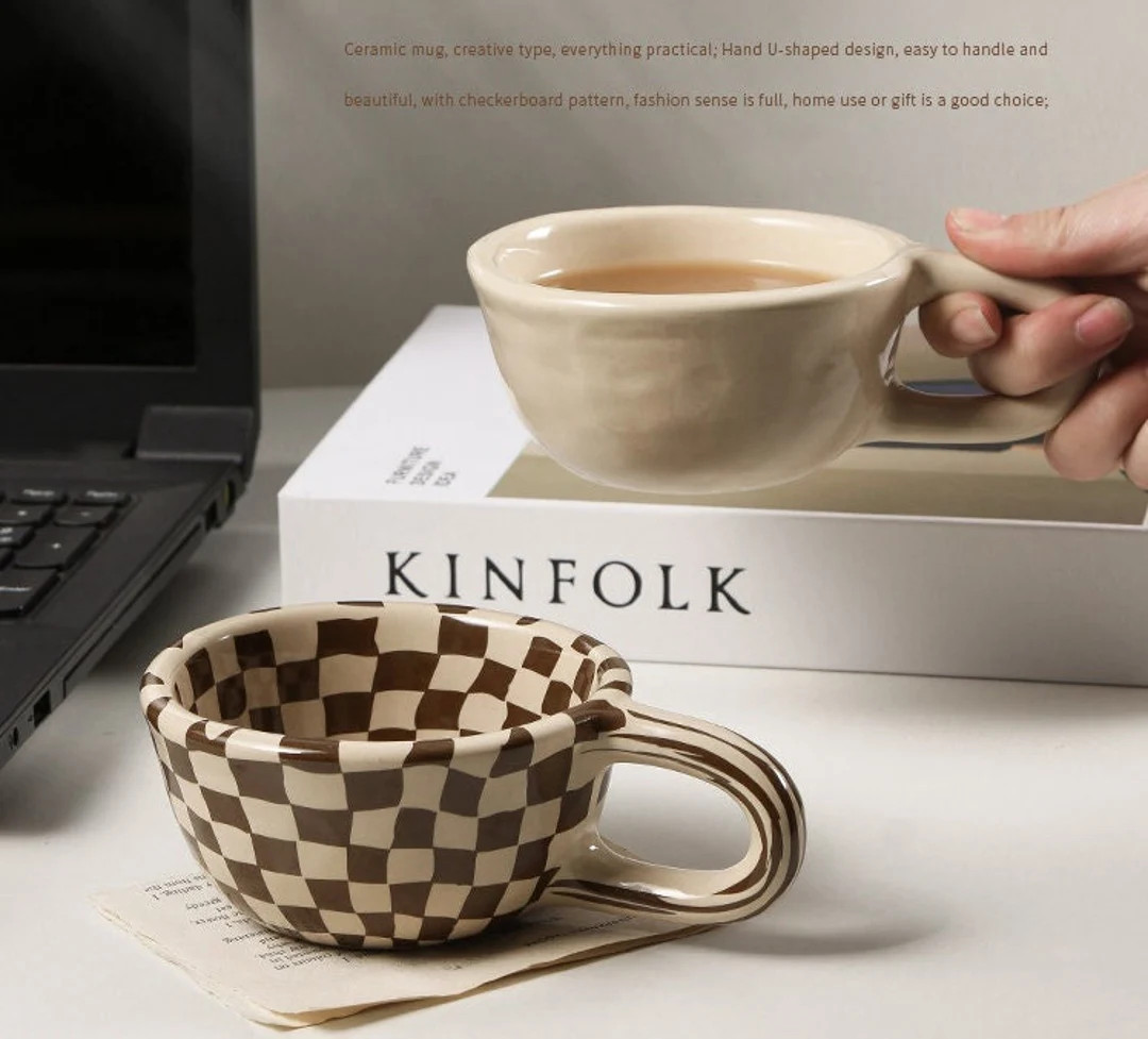 Cute Handmade Brown Checkered Ceramic Coffee Mug Japanese - Etsy | Etsy (US)