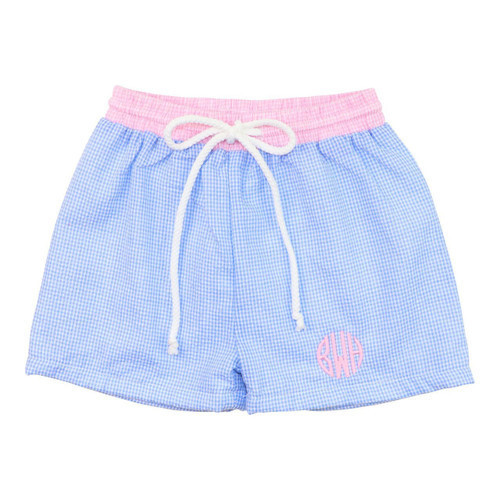 Blue And Pink Seersucker Swim Trunks | Cecil and Lou