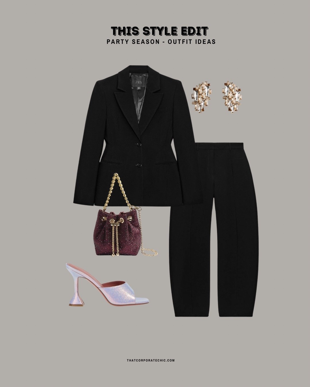 Corporate but make it chic 
Party wear: work party add some bling to elevate the look.
Zara ref for blazer is 3736/263/800
Trouser is 3736/273/800
Everything else is linked.


Black hourglass blazer, barrel trousers, balloon style trousers, holiday party wear, work event, party bag #holidayedit


#LTKstyletip #LTKworkwear #LTKpartywear