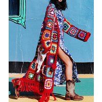 Oversized Coat, Red Long Crochet Cardigan With Fringe, Floor Length Fringe Multicolor Cardigan, Fest | Etsy (US)
