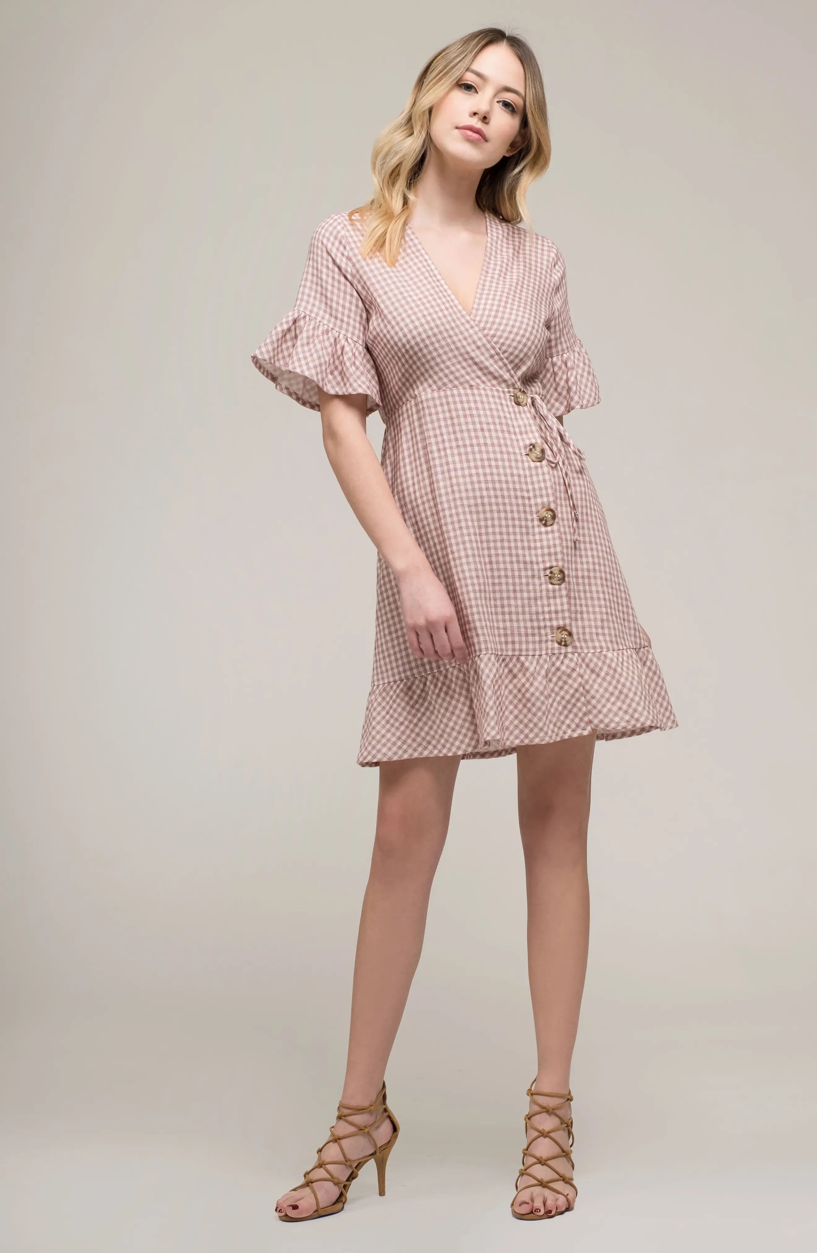Gingham Ruffle Sleeve Wrap Dress | Nordstrom