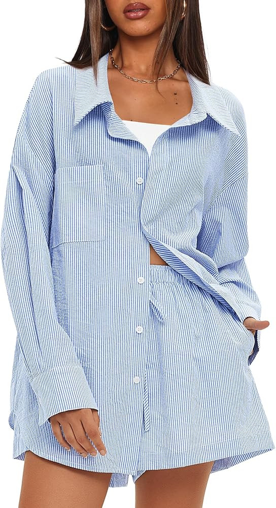 Darong Women's Summer 2 Piece Outfit Sets Long Sleeve Button Down Shirts Matching Short Sets Beac... | Amazon (US)