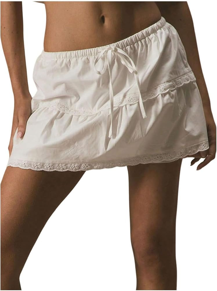 MakeMeChic Women's Y2K Spring Drawstring Mini Skirt Embroidery Eyelet Low Waisted A Line Short Sk... | Amazon (US)