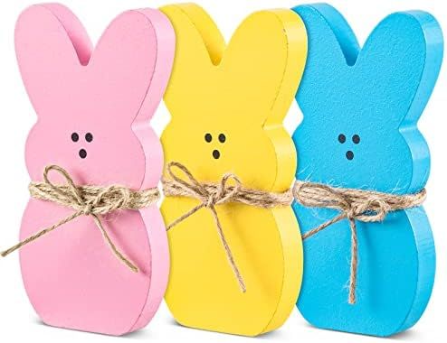 Whaline 3Pcs Easter Wooden Sign Pink Blue Yellow Easter Bunny Wooden Table Centerpieces with Jute Ro | Amazon (US)