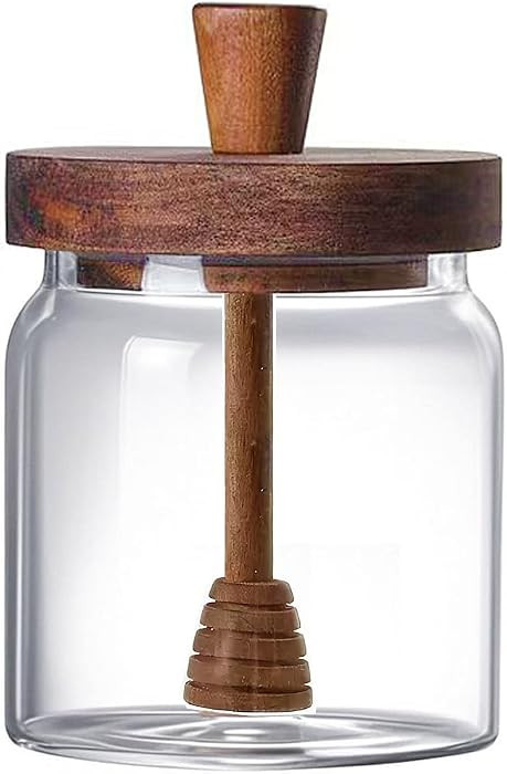Glass Honey Jar with Dipper and Lid, 14 OZ Airtight Honeypot with Acacia Wood Lid, Coffee Syrup D... | Amazon (US)