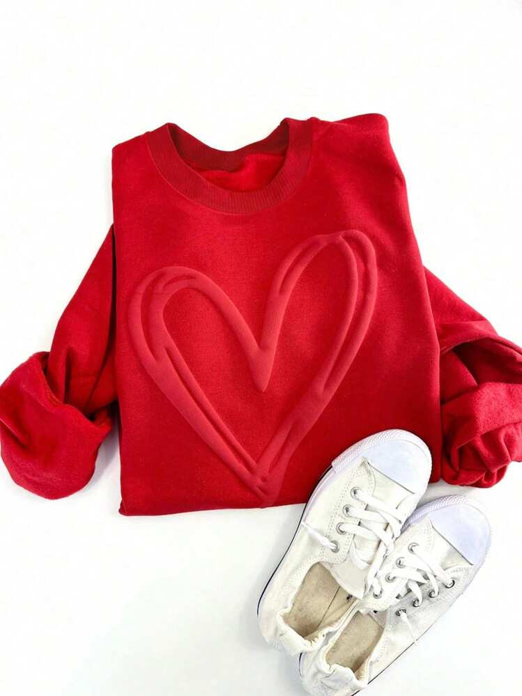 INAWLY Double Heart Puff Sleeve Sweatshirt, Heart Embossed Sweatshirt, Valentine's Day Sweatshirt... | SHEIN