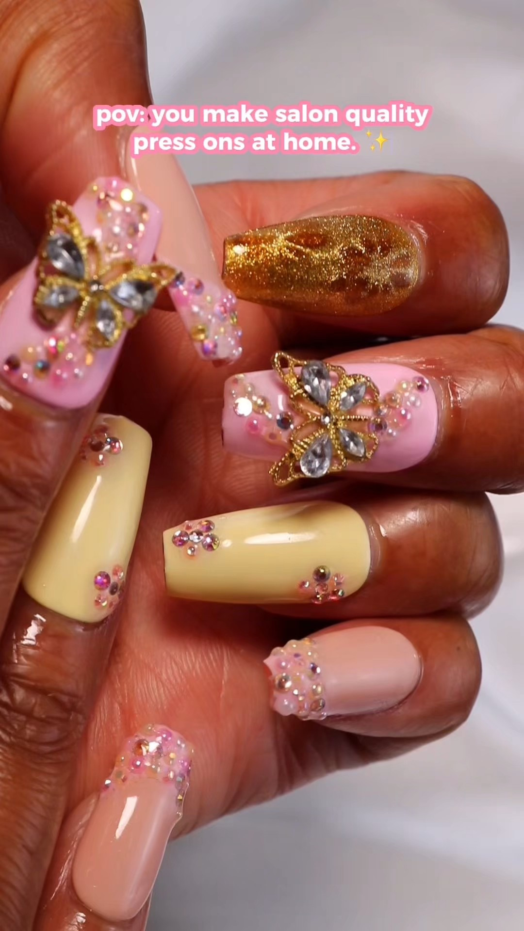 POV: we got nails at home 😂💅🏾✨ here’s how I did these pink & gold butterfly charm nails. 

Everything I used is available on Amazon!