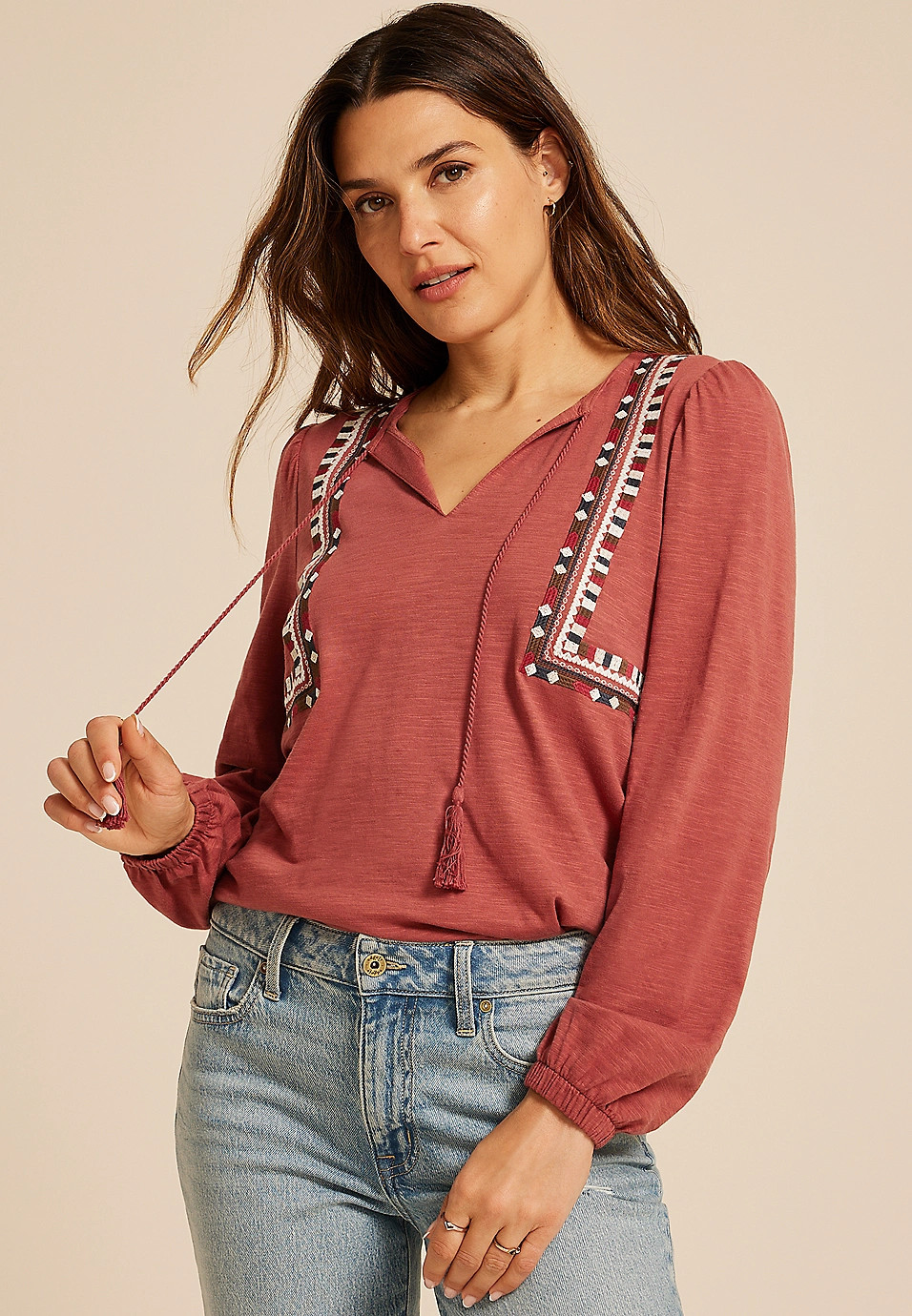 Embroidered Long Sleeve Tie Front Blouse | Maurices