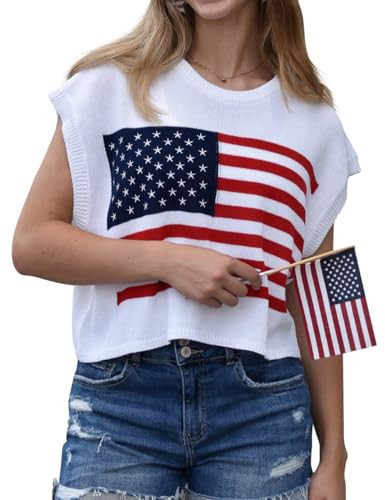Jenisso Womens American Flag Sweater Cap Sleeve Summer Crop Tops Crew Neck Loose Fit Knit Sweater Pullover Top White | Amazon (US)