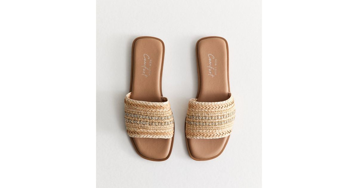 Wide Fit Off White Embellished Raffia Strap Faux Leather Mules | New Look | New Look (UK)