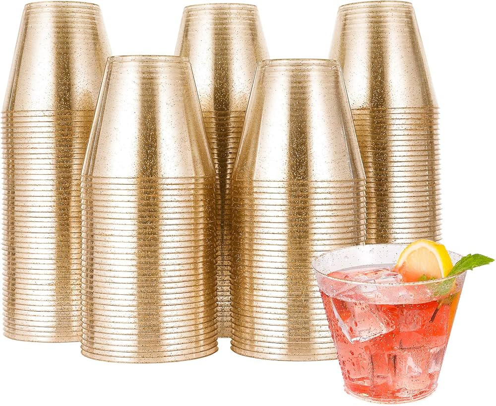 JOLLY CHEF 200 Pack 9 oz Glitter Plastic Cups, Disposable Gold Cups, Clear Plastic Tumblers, Gold... | Amazon (US)