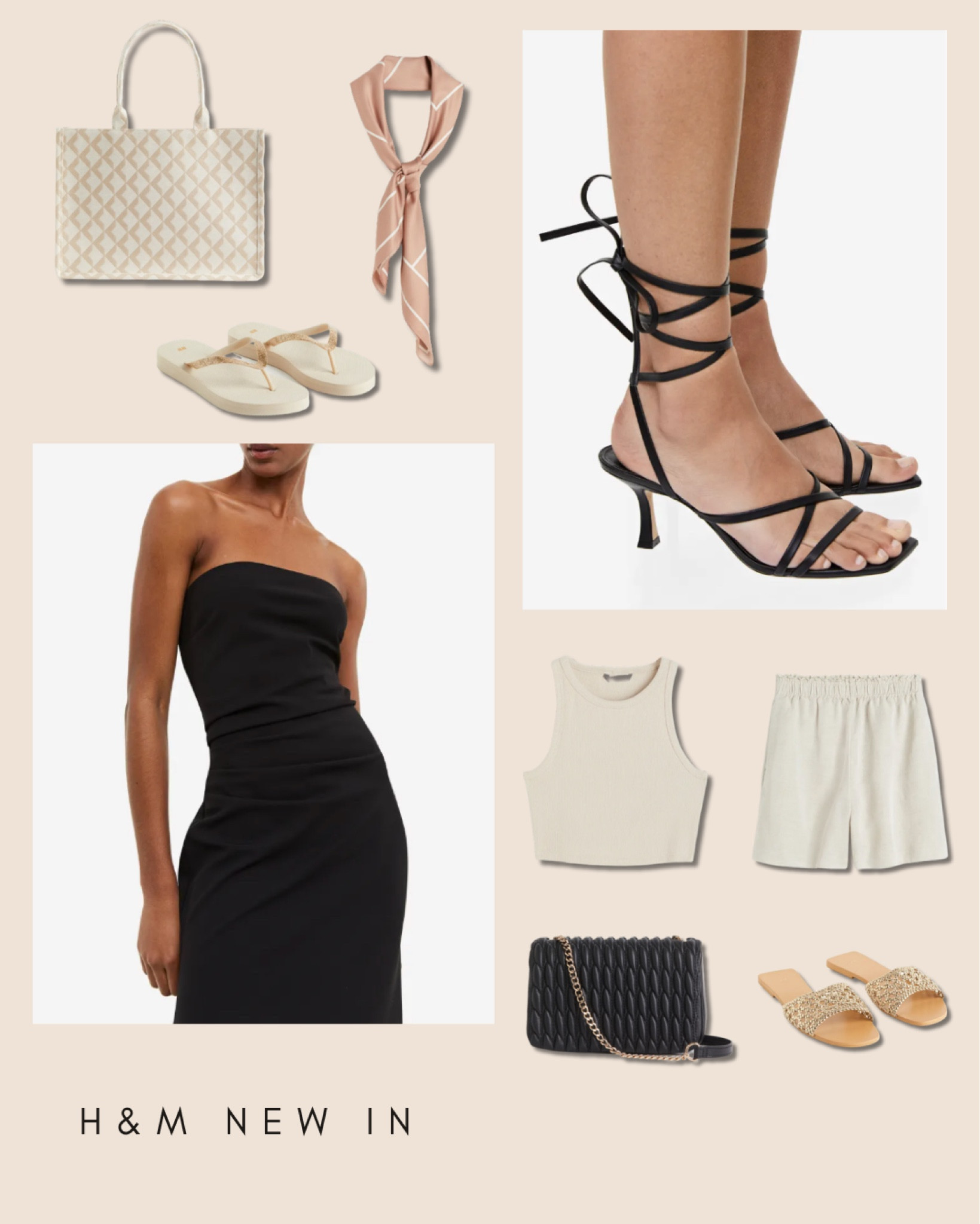 H&M new in! 

outfit inspiration, jacquard woven shopper, beige/patterned shopper bag, H&M new arrivals, small patterned shoulder bag, satin scarf with pattern, draped bandeau black dress, mid length dress, slip in sandals, square toe black sandal, black quilted shoulder bag,  light beige linen blend shorts, light beige cropped tank top, gold colored slippers, flip flops, Netherlands. 

#LTKeurope #LTKSeasonal #LTKstyletip