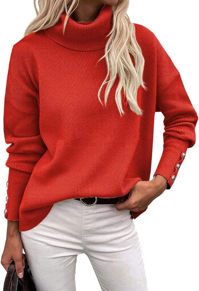 Koinshha Women's Turtle Cowl Neck Long Sleeve Sweater Button Oversized Chunky Knit Pullover Sweat... | Amazon (US)