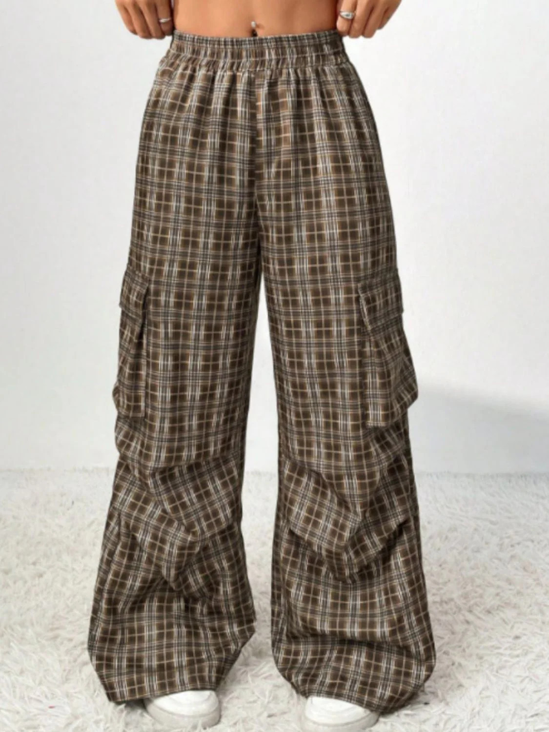 Plaid Wide Leg Pants with Pockets Taupe / M | Casual Chic Boutique