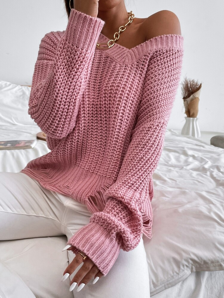 Solid Ripped Drop Shoulder Sweater | SHEIN