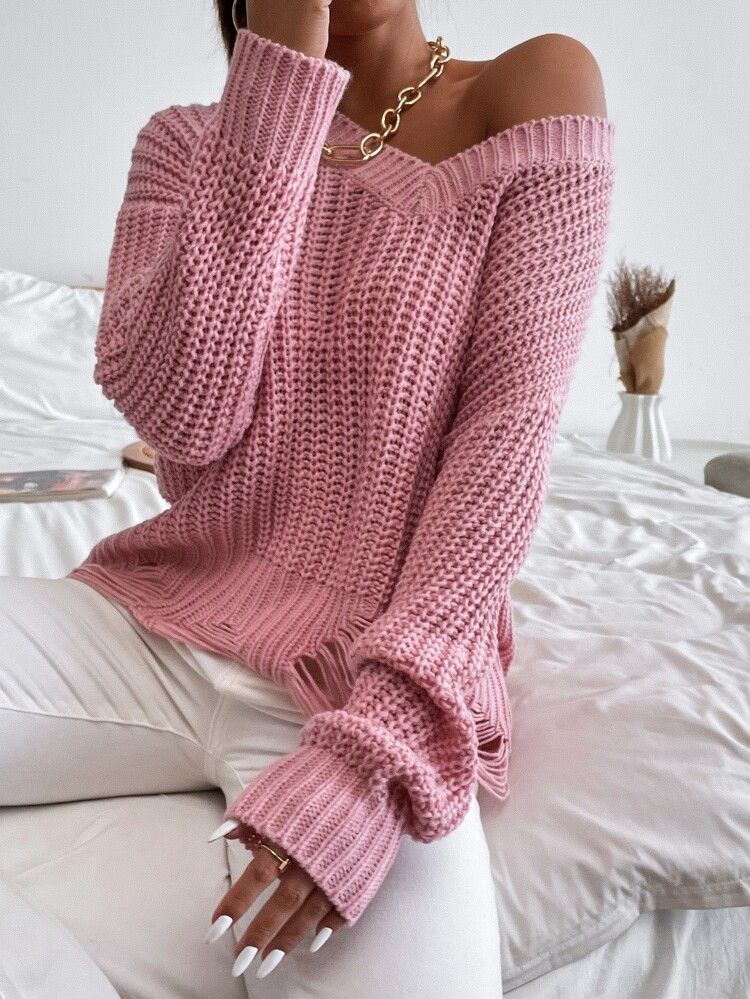 Solid Ripped Drop Shoulder Sweater | SHEIN