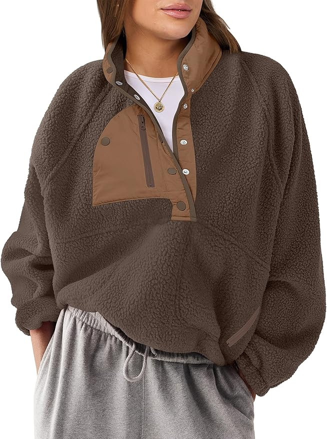 ANRABESS Women Fleece Sherpa Pullover Sweatshirt Cropped Loose Fuzzy Jacket Soft Button Down Wint... | Amazon (US)