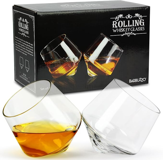 Barbuzzo Rolling Whiskey Glasses (Set of 2) – Hand-Blown Stemless Whiskey Glasses That Roll for... | Amazon (US)