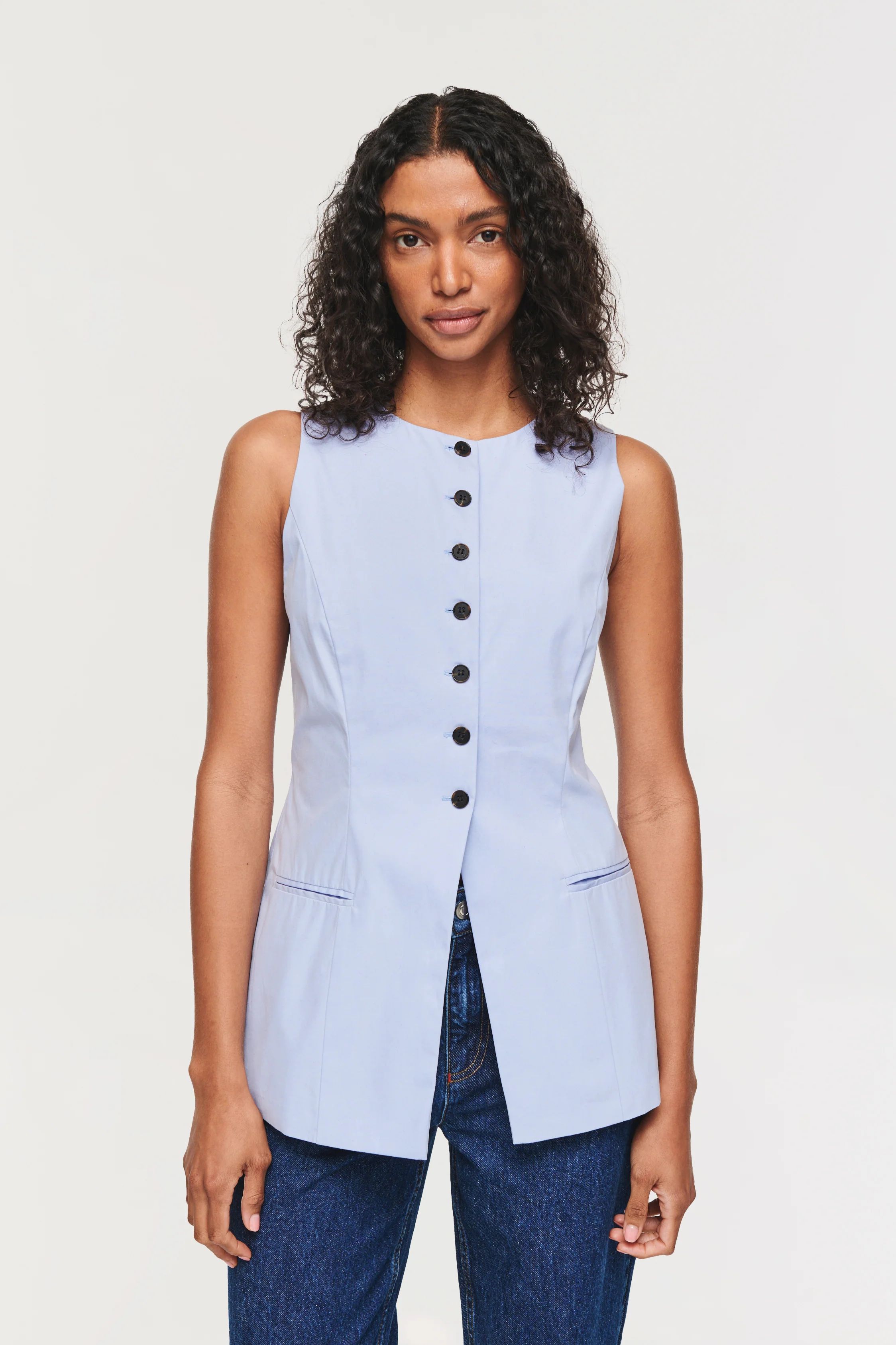 Leo | Longline Poplin Waistcoat in Pale Blue | ALIGNE | ALIGNE USA