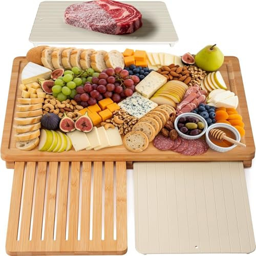 Kikcoin Bamboo Cutting Board Set with Defrosting Tray, Wood Cutting Boards for Kitchen with Deep Juice Grooves & Built-in Organizer Meal Prep Charcuterie& Chopping Board for Meat, Vegetables and Bread | Amazon (US)