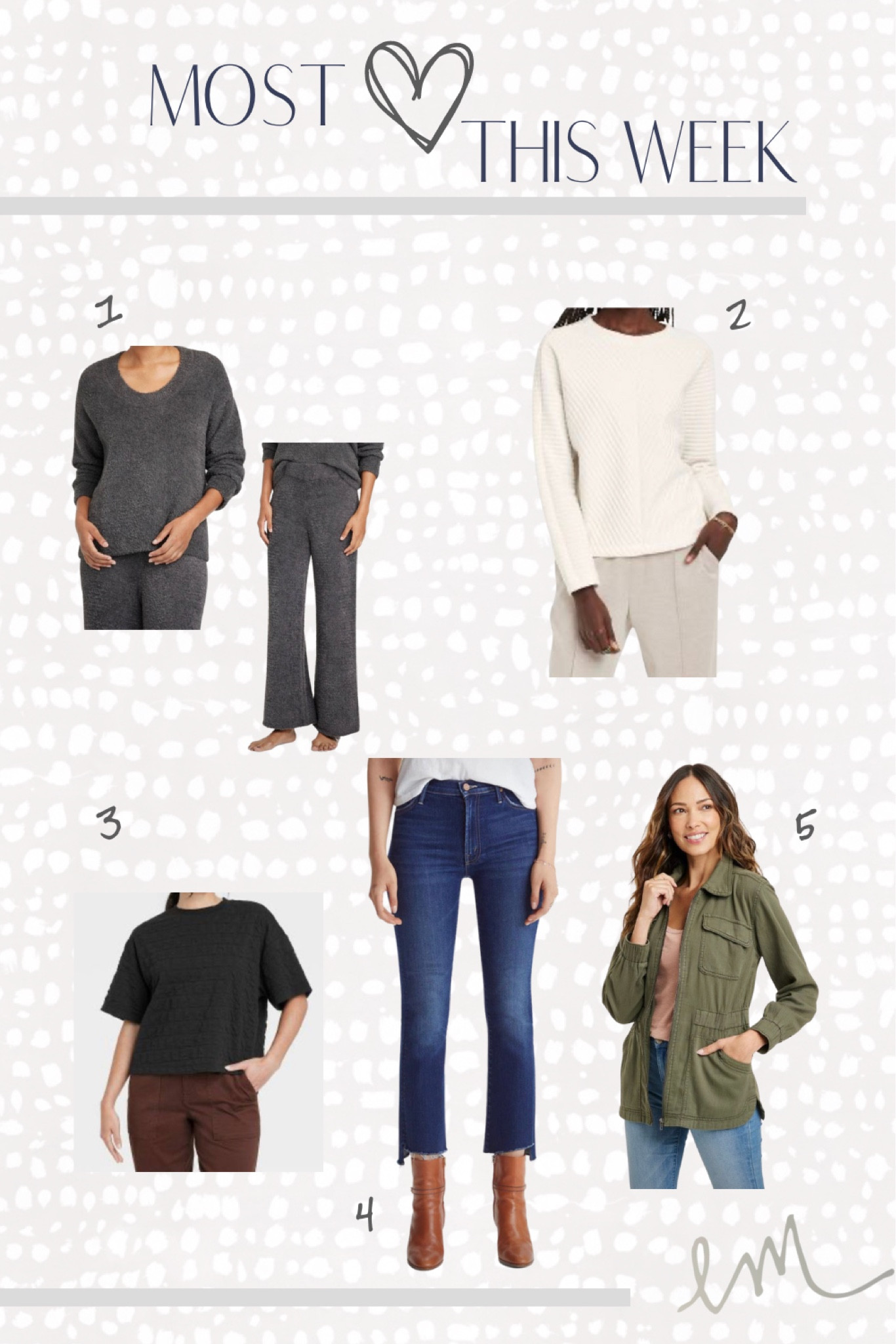 Most loved this week::
1) Lounge wear from Target
2) Long sleeve Boat neck top from Target
4) Short sleeve quilted boxy T-Shirt from Target
4) Denim from Madewell
5) Utility jacket from Target

 Cozy | lounge wear

#LTKsalealert #LTKSeasonal #LTKunder50