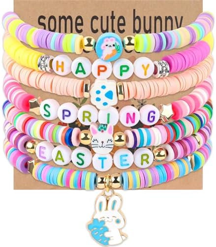 7Pcs Easter Bunny Basket Gifts Bracelet, Easter Gifts for Girls Women Stackable Boho Clay Party E... | Amazon (US)