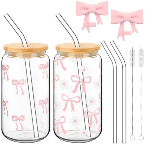 Skylety Set of 2 Coquette Bow Glass Cup 16oz Pink Glass Cup with Lids and Straws Reusable Pink Bow Silicone Straw Toppers Lids Protectors 2 Brush for Drinking Coffee Tea Cocktail(Bow) | Amazon (US)