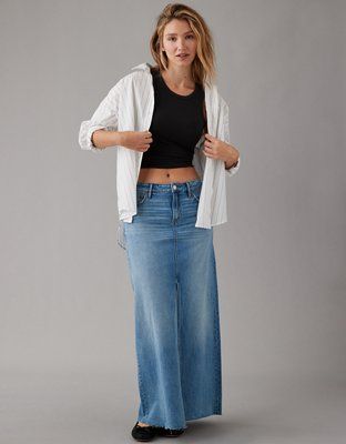 AE To The Floor Denim Maxi Skirt | American Eagle Outfitters (US & CA)