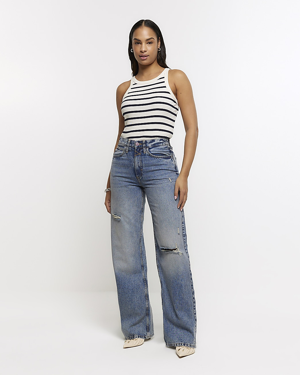 Blue mid rise ripped wide leg jeans | River Island (UK & IE)