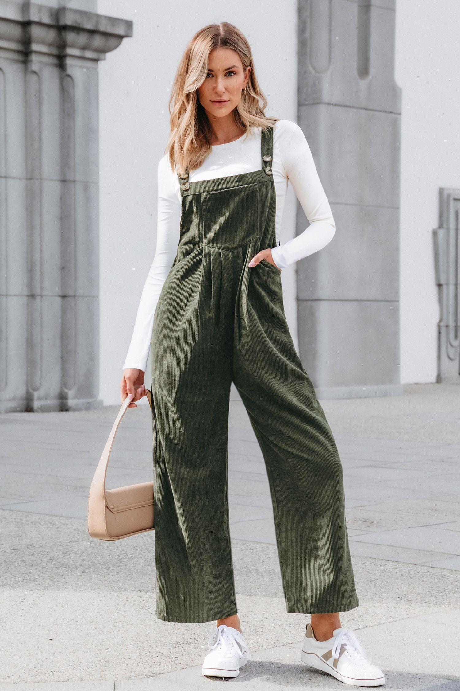 NewGreen Corduroy Square Neck Jumpsuit | Cupshe US