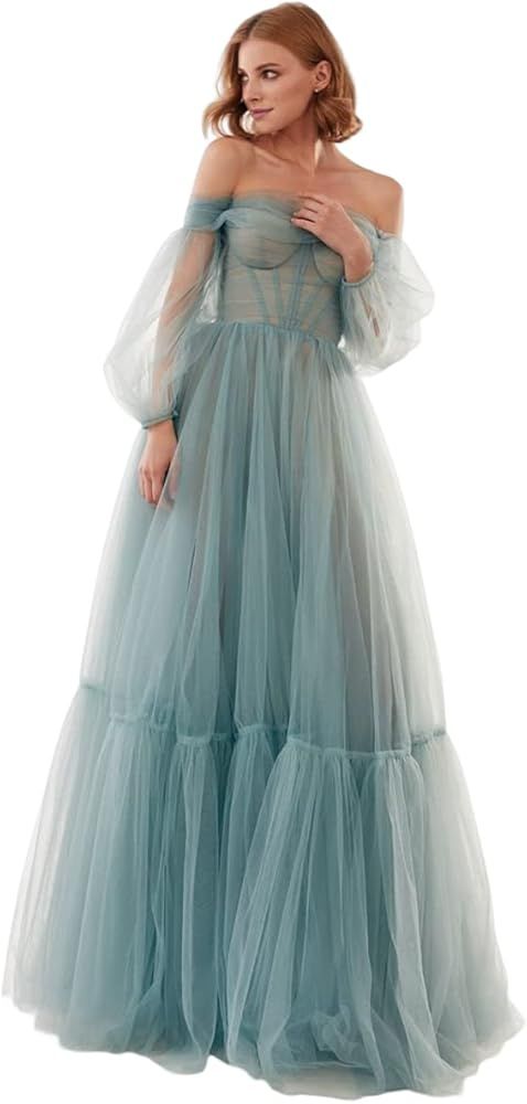 Elegant Party Dress Sheer Puffy Sleeve Off-Shoulder Tulle Maxi Evening Dress | Amazon (US)