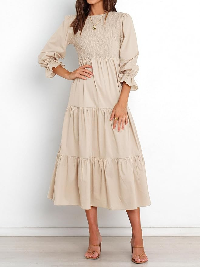 BTFBM Women Casual Long Sleeve Dress Fall Dresses 2024 Solid Color Relaxed Fit Smocked Tiered Flo... | Amazon (US)