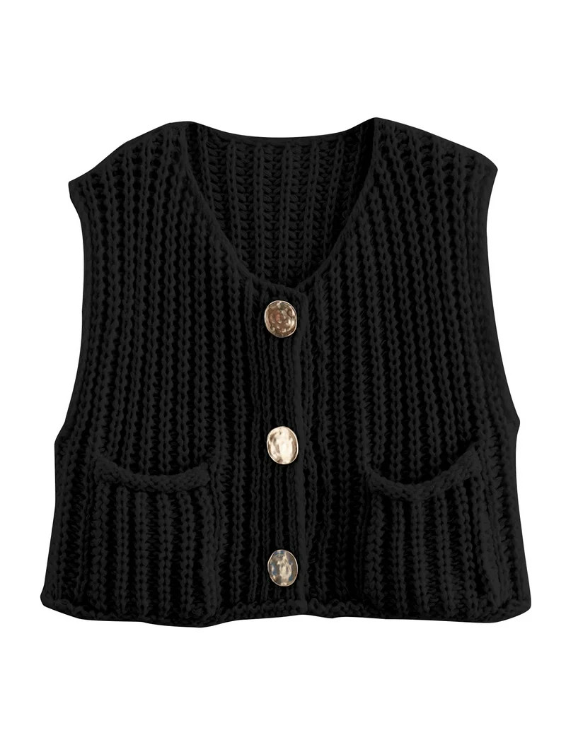 Shine Up Vest for Women Button Down Cardigan Sweater Sleeveless Crochet Knit Tops with Pockets | Walmart (US)