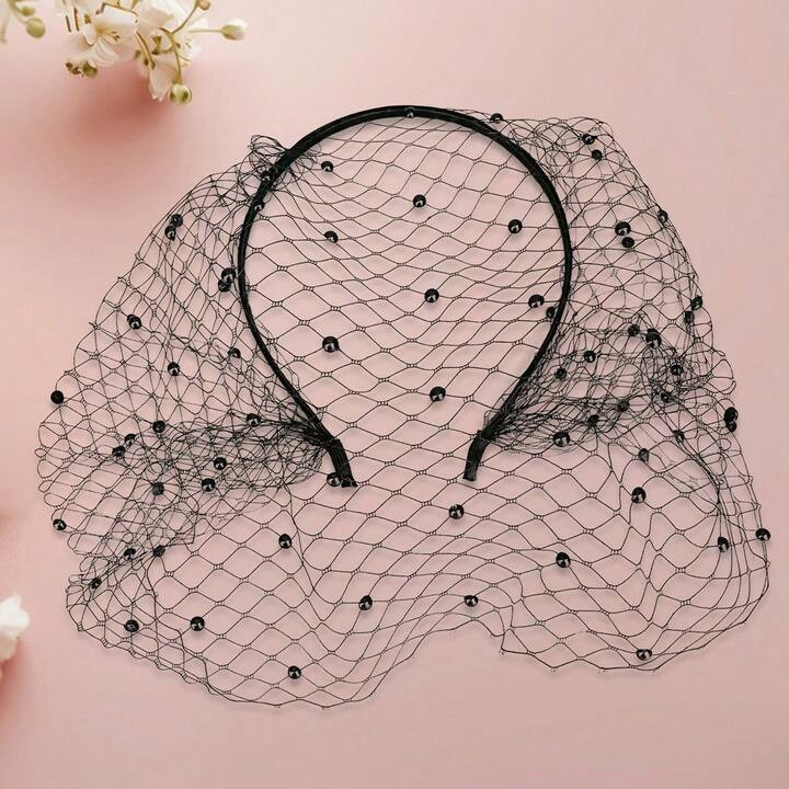 Bridal Pearl Headband With Birdcage Veil Cute Satin Bow Hair Hoop For Women And Girls | SHEIN