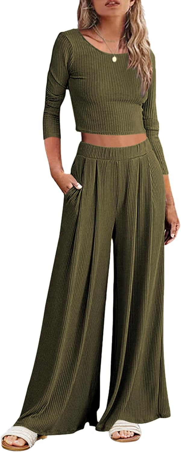Ekouaer Women's 2 Piece Lounge Sets Ribbed Knit Crop Top Wide Leg Pants with Pockets S-XXL | Amazon (US)