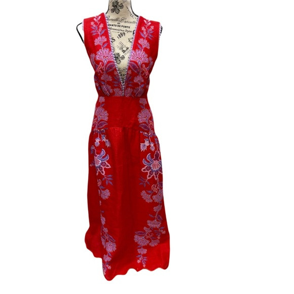 Farm Rio Porcelain Garden Red Midi Dress 100% Linen Floral Summer NWT Womens XL | Poshmark