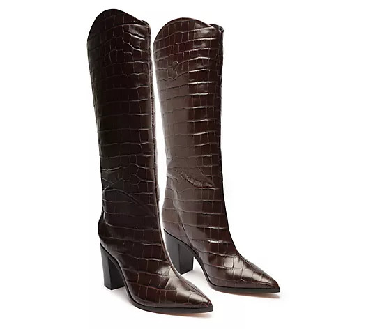 Schutz Croco Leather Knee High Heeled Boots - Maryana Block | QVC