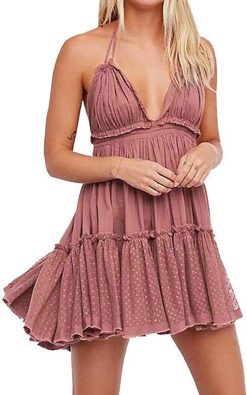 Womens Summer Halter Deep V Neck Sexy Patchwork Mini Short Dresses | Amazon (US)