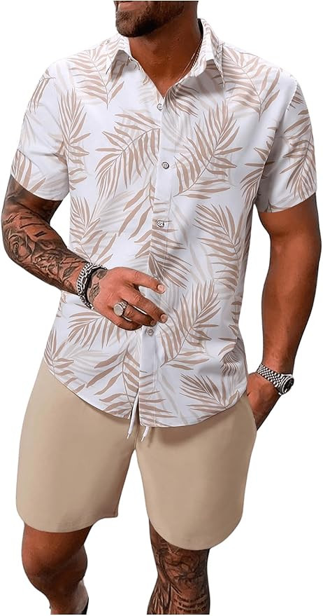 WDIRARA Men's Hawaiian Matching Set Summer Beach 2 Piece Outfits Tropical print Shirts and Shorts | Amazon (US)