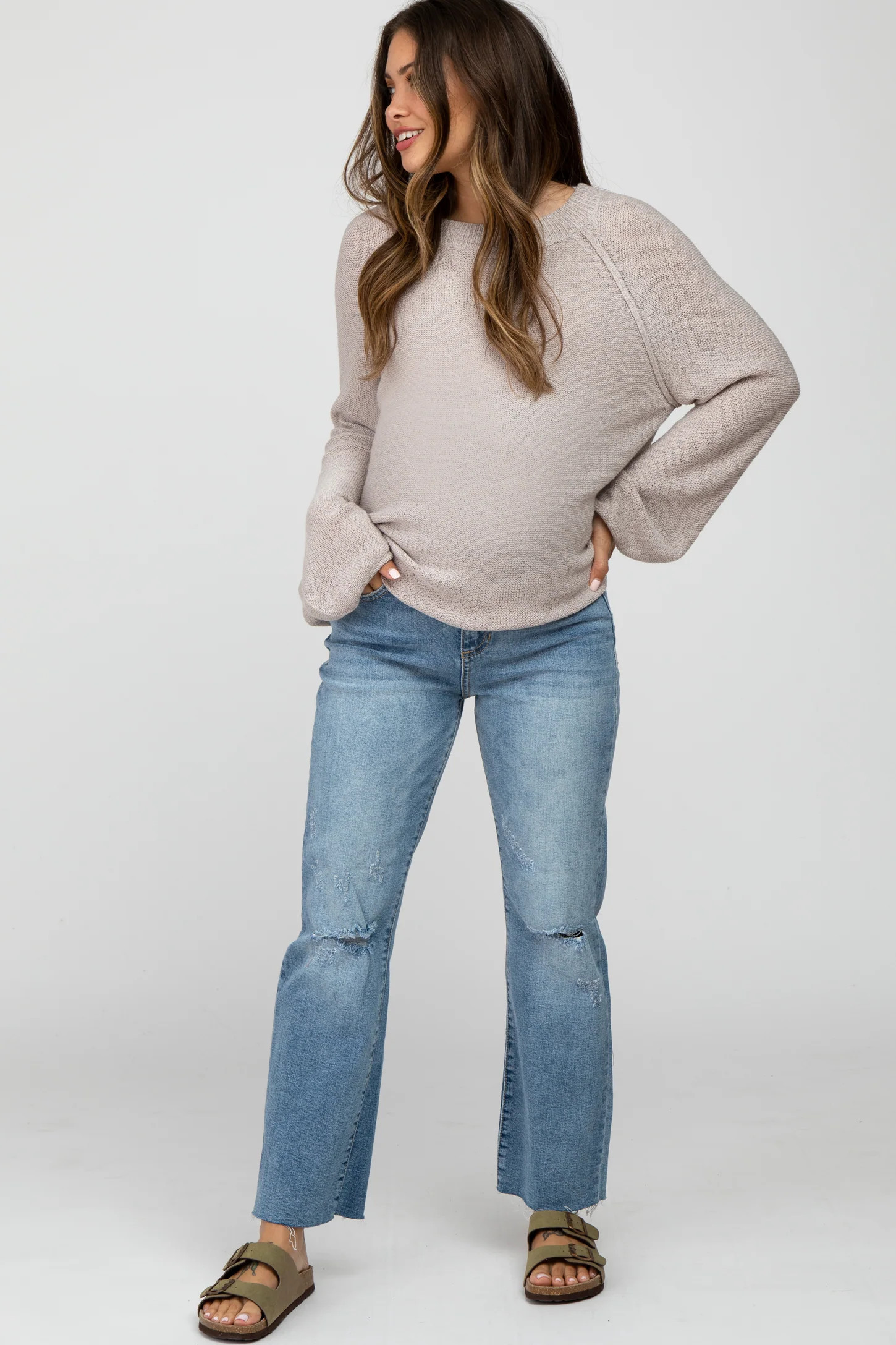 Blue Straight Leg Frayed Hem Maternity Jeans | PinkBlush Maternity